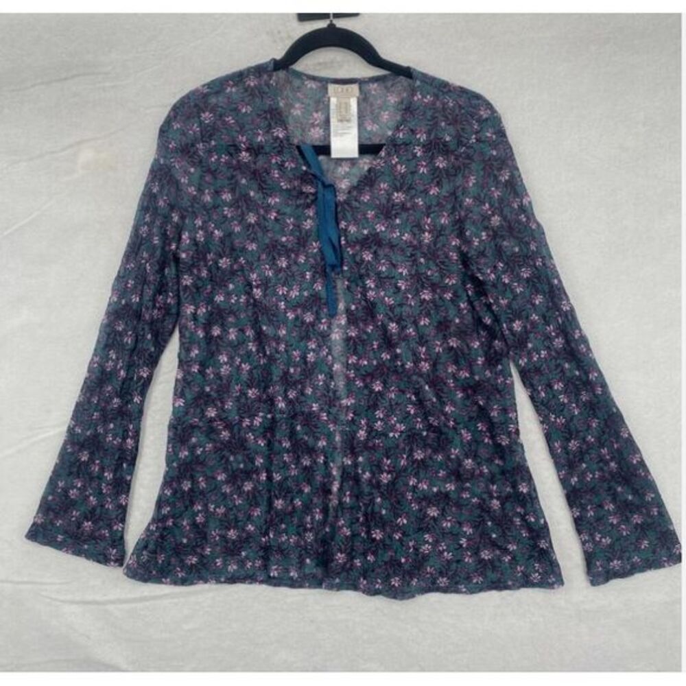 LOGO by Lori Goldstein Cardigan Womens XXS Blue Ditsy Print Sheer Lace With Tie‎